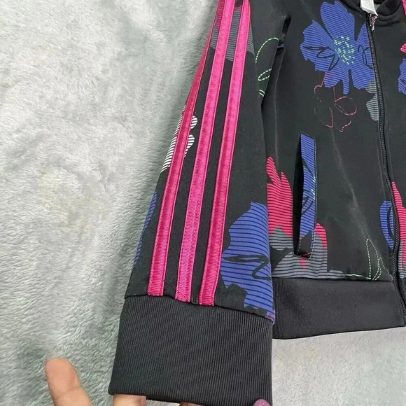 Adidas Girls Black Floral Printed‎ 3-Striped Zip Up Tricot Jacket AP4532 Sz L 14 - Picture 4 of 13